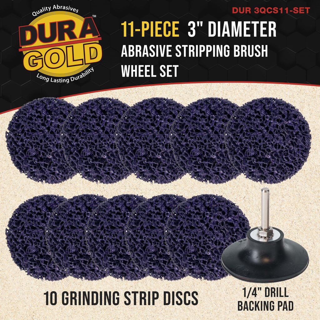 11-Piece 3" Diameter Abrasive Stripping Brush Wheel Set - 10 Each Quick Change Grinding Strip Discs, 1/4" Drill Shank Backing Pad - Remove Rust, Welds, Burrs, Paint