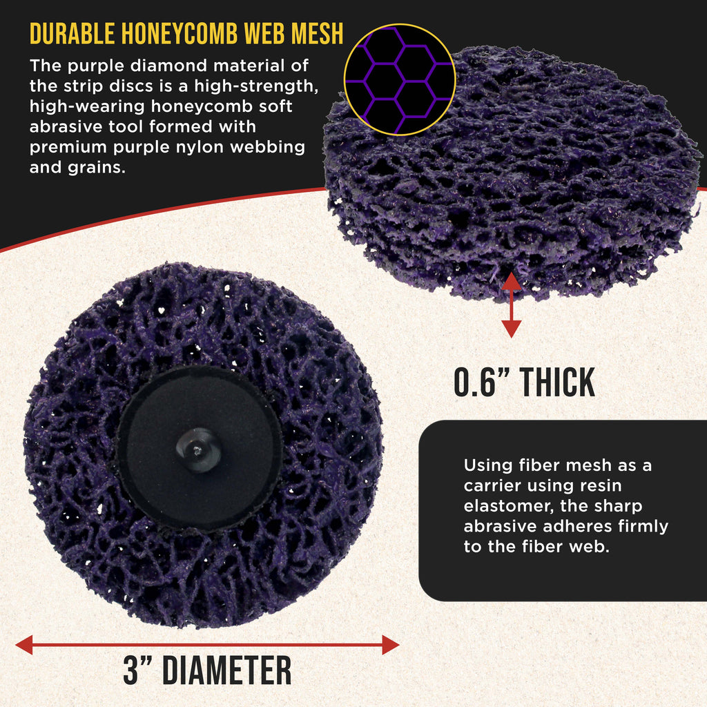 11-Piece 3" Diameter Abrasive Stripping Brush Wheel Set - 10 Each Quick Change Grinding Strip Discs, 1/4" Drill Shank Backing Pad - Remove Rust, Welds, Burrs, Paint