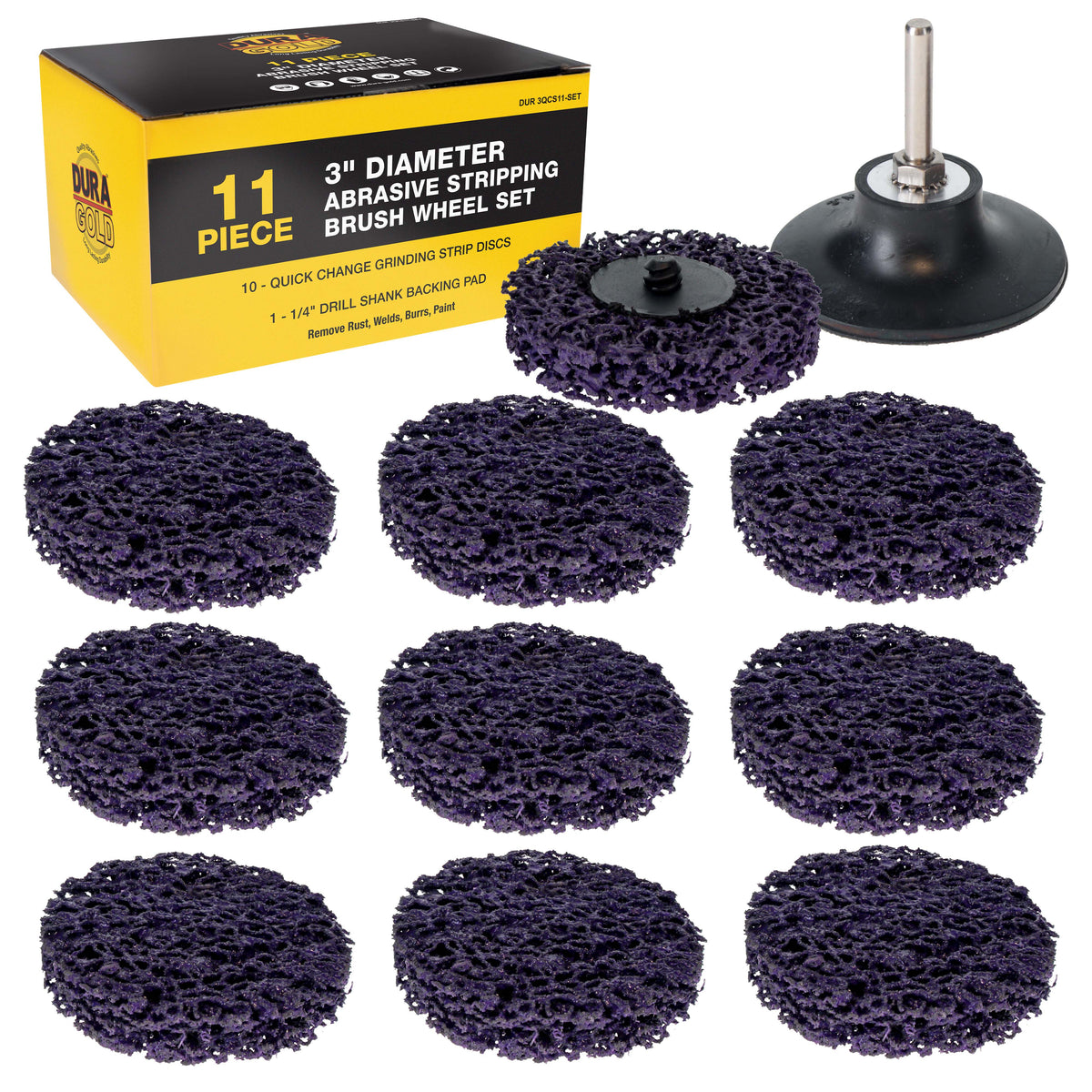 11-Piece 3" Diameter Abrasive Stripping Brush Wheel Set - 10 Each Quick Change Grinding Strip Discs, 1/4" Drill Shank Backing Pad - Remove Rust, Welds, Burrs, Paint