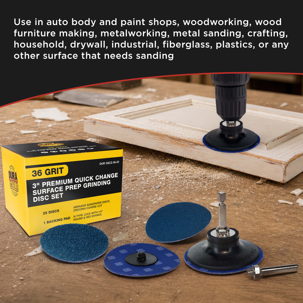 3 Inch Grinding Discs, 36 Grit (25 Disc Set) with R-Type Adapter & Backing Pad - Quick Change Zirconia Coarse Cut Sanding Discs for Auto, Wood, Metal, Rust, Oxidation, Welds