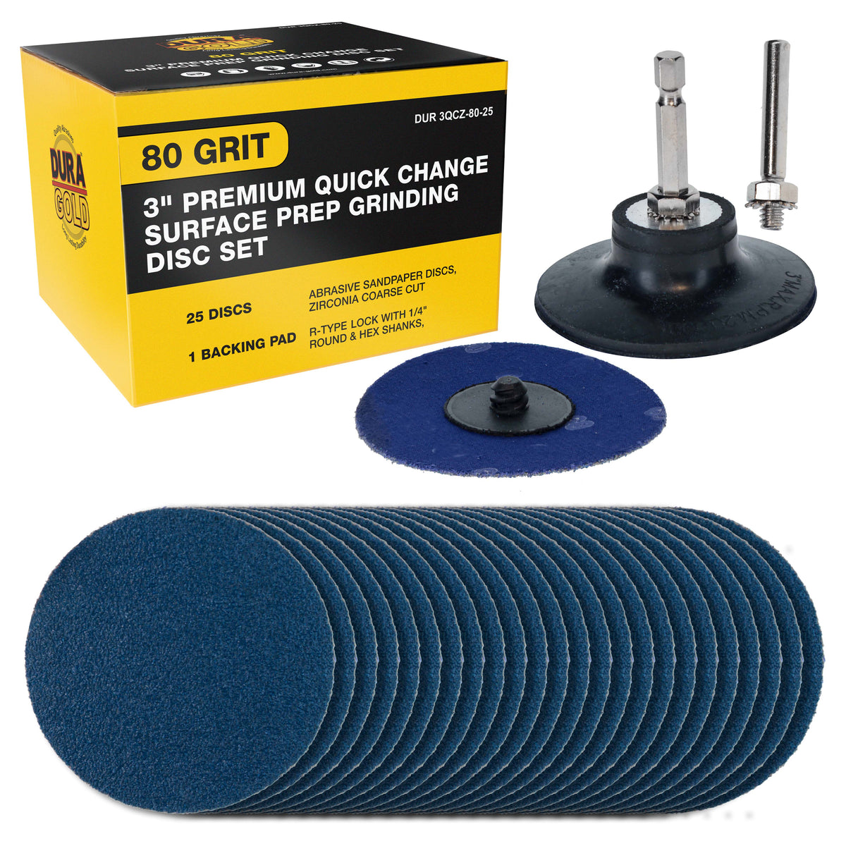3 Inch Grinding Discs, 80 Grit (25 Disc Set) with R-Type Adapter & Backing Pad - Quick Change Zirconia Coarse Cut Sanding Discs for Auto, Wood, Metal, Rust, Oxidation, Welds