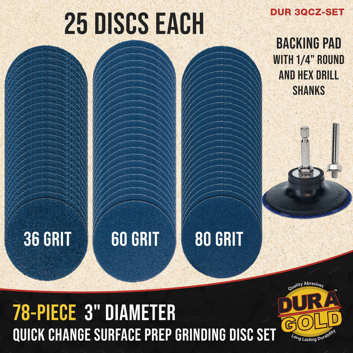 3 Inch Grinding Discs, 36, 60 & 80 Grit (25 Disc Each), R-Type Adapter & Backing Pad - Quick Change Zirconia Coarse Cut Sanding Discs for Auto, Wood, Metal, Rust, Oxidation, Welds