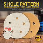 150 Grit - 5" Gold DA Sanding Discs - 5-Hole Pattern Hook and Loop - Box of 50