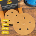 320 Grit - 5" Gold DA Sanding Discs - 5-Hole Pattern Hook and Loop - Box of 50