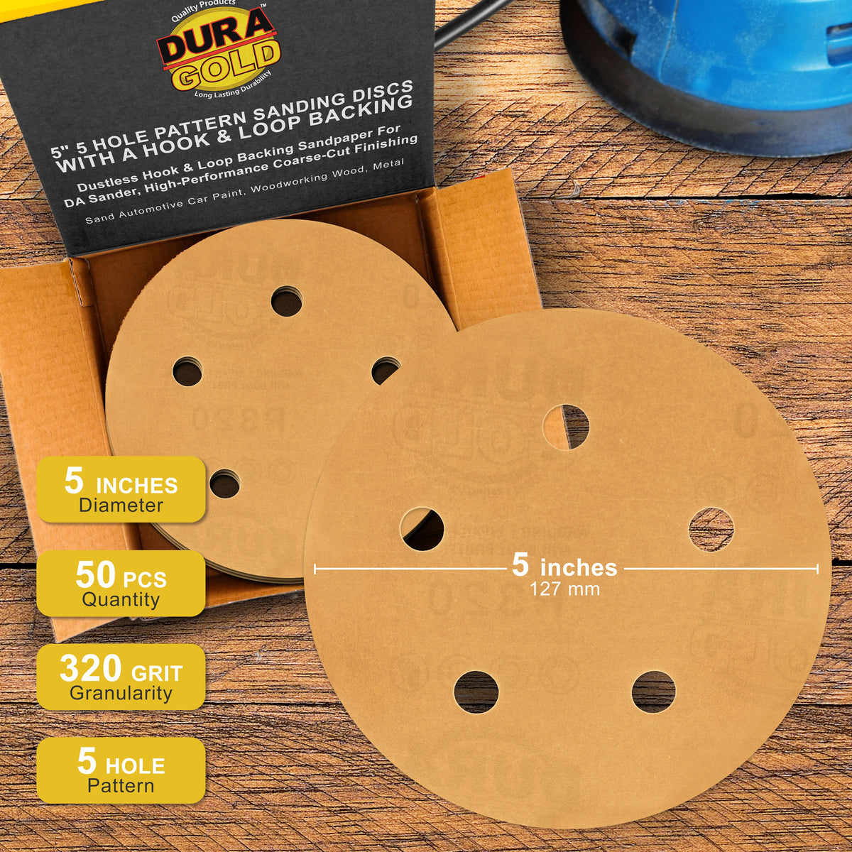 320 Grit - 5" Gold DA Sanding Discs - 5-Hole Pattern Hook and Loop - Box of 50