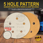 320 Grit - 5" Gold DA Sanding Discs - 5-Hole Pattern Hook and Loop - Box of 50