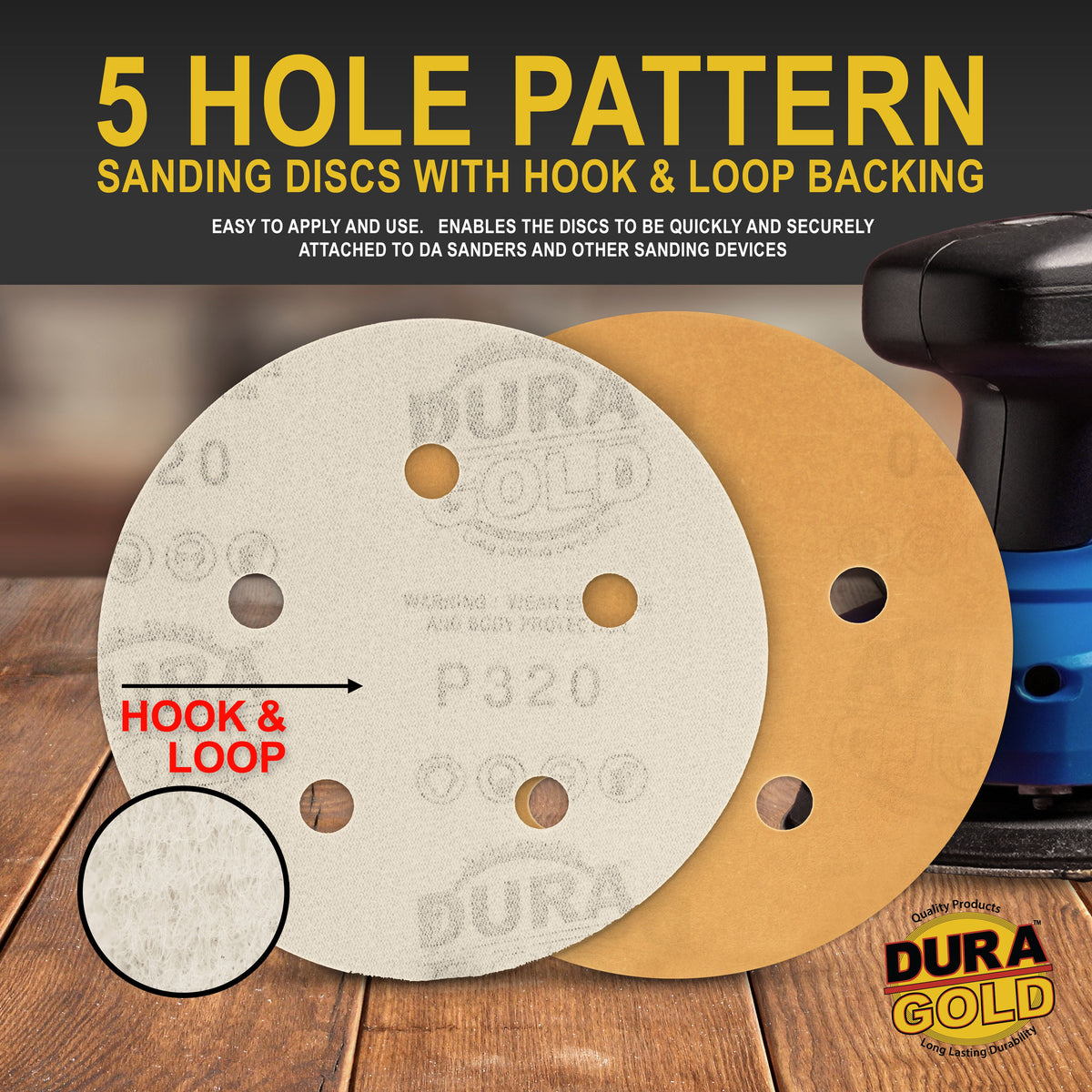 320 Grit - 5" Gold DA Sanding Discs - 5-Hole Pattern Hook and Loop - Box of 50