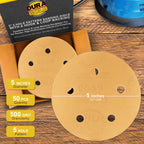 500 Grit - 5" Gold DA Sanding Discs - 5-Hole Pattern Hook and Loop - Box of 50