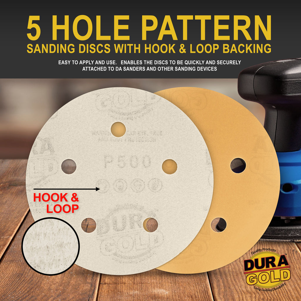 500 Grit - 5" Gold DA Sanding Discs - 5-Hole Pattern Hook and Loop - Box of 50