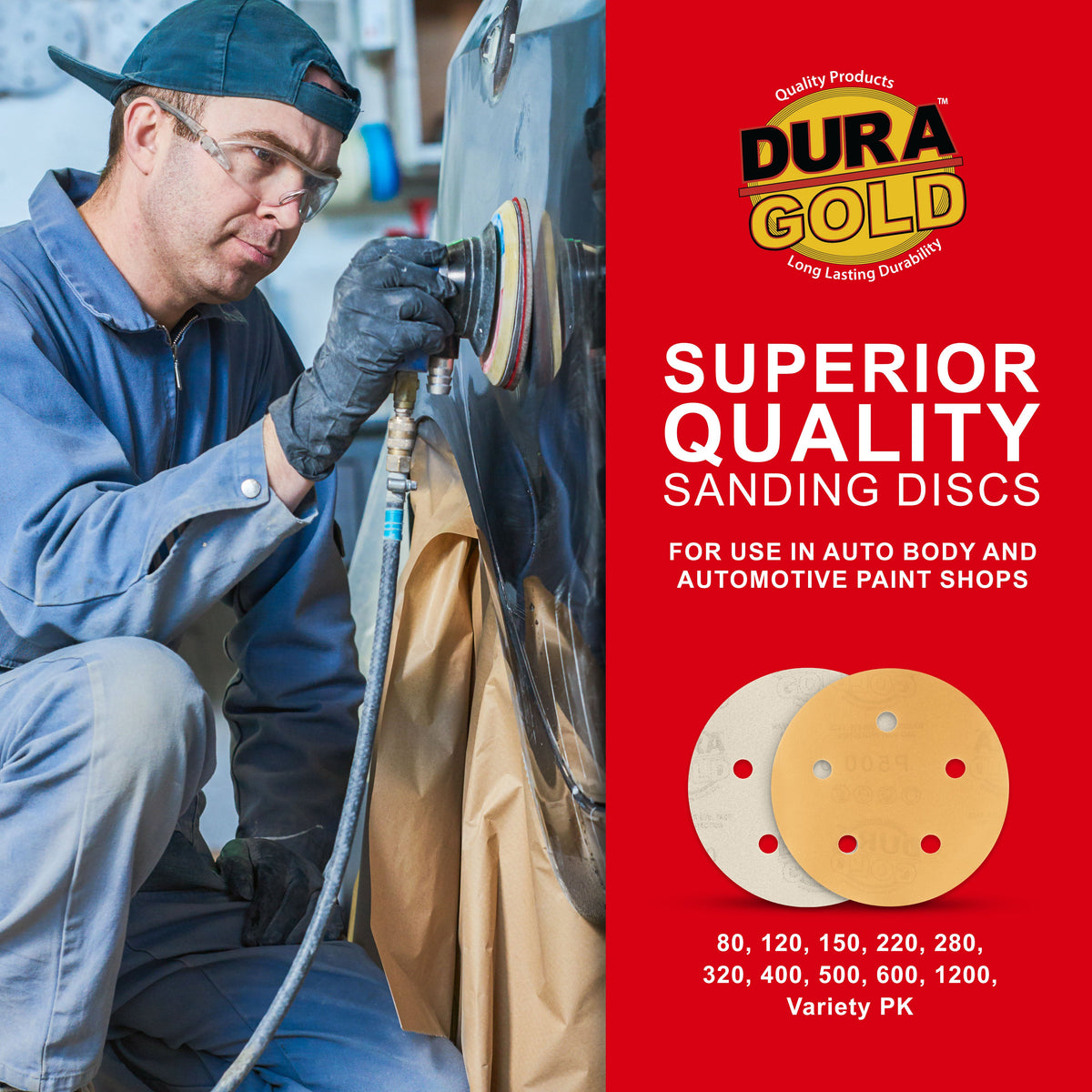 500 Grit - 5" Gold DA Sanding Discs - 5-Hole Pattern Hook and Loop - Box of 50
