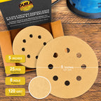120 Grit - 5" Gold DA Sanding Discs - 8-Hole Pattern Hook and Loop - Box of 50