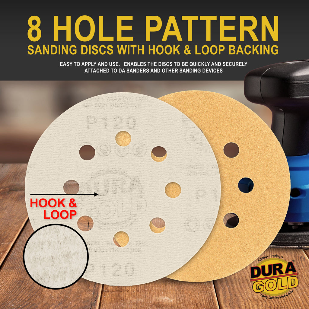 120 Grit - 5" Gold DA Sanding Discs - 8-Hole Pattern Hook and Loop - Box of 50
