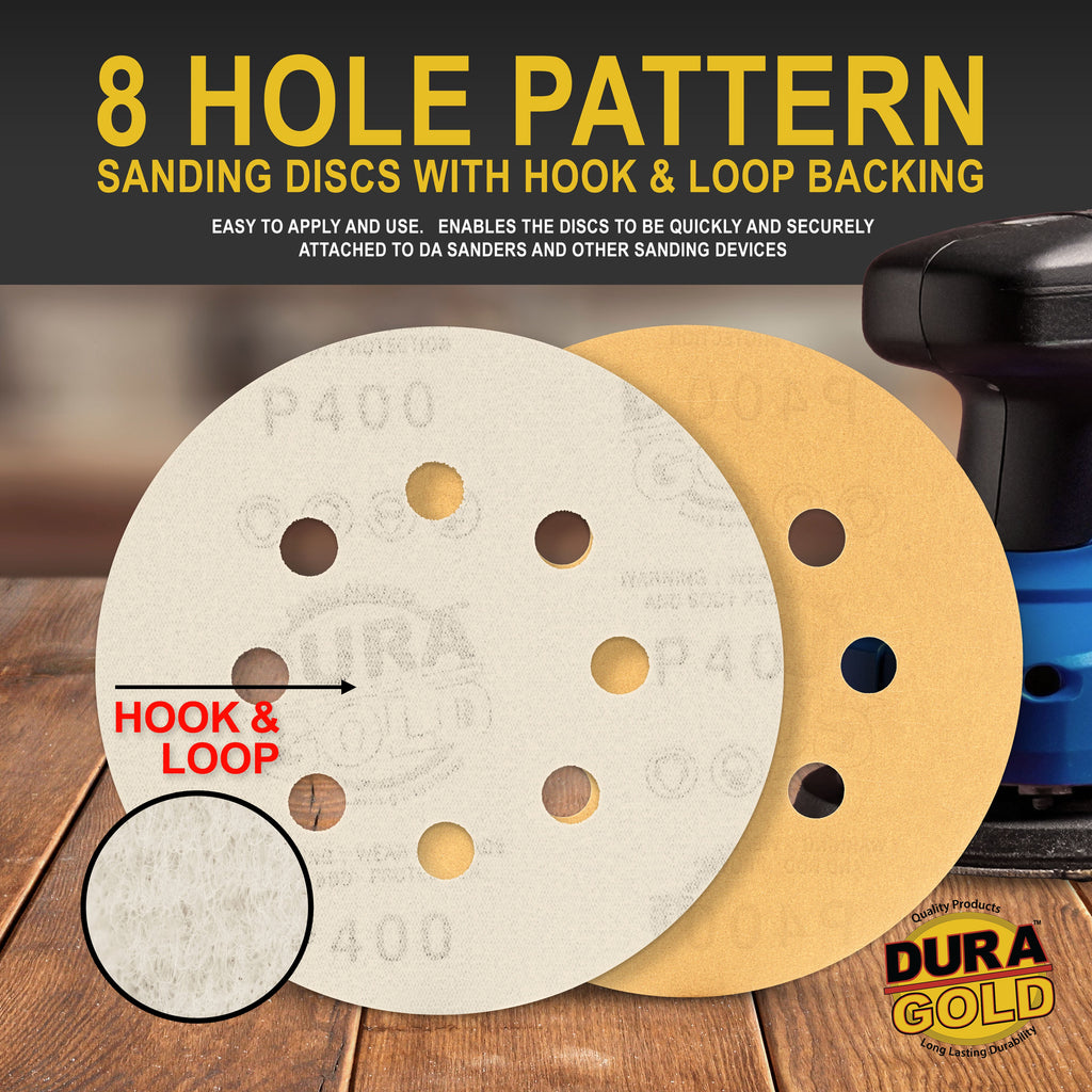 400 Grit - 5" Gold DA Sanding Discs - 8-Hole Pattern Hook and Loop - Box of 50