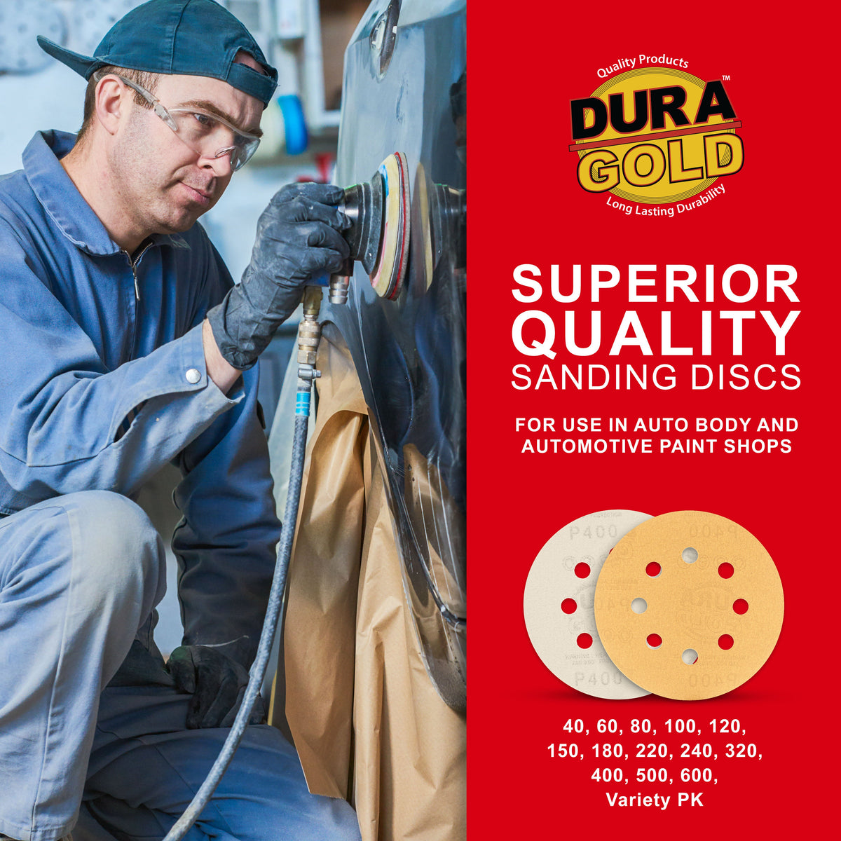 400 Grit - 5" Gold DA Sanding Discs - 8-Hole Pattern Hook and Loop - Box of 50