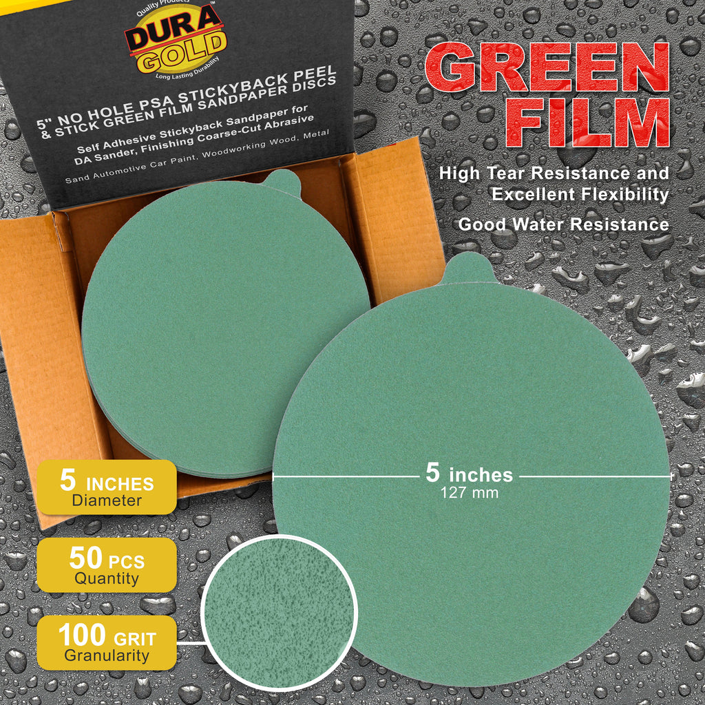 100 Grit - 5" Green Film - PSA Self Adhesive Stickyback Sanding Discs for DA Sanders - Box of 50
