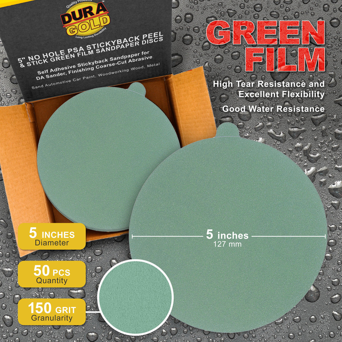 150 Grit - 5" Green Film - PSA Self Adhesive Stickyback Sanding Discs for DA Sanders - Box of 50