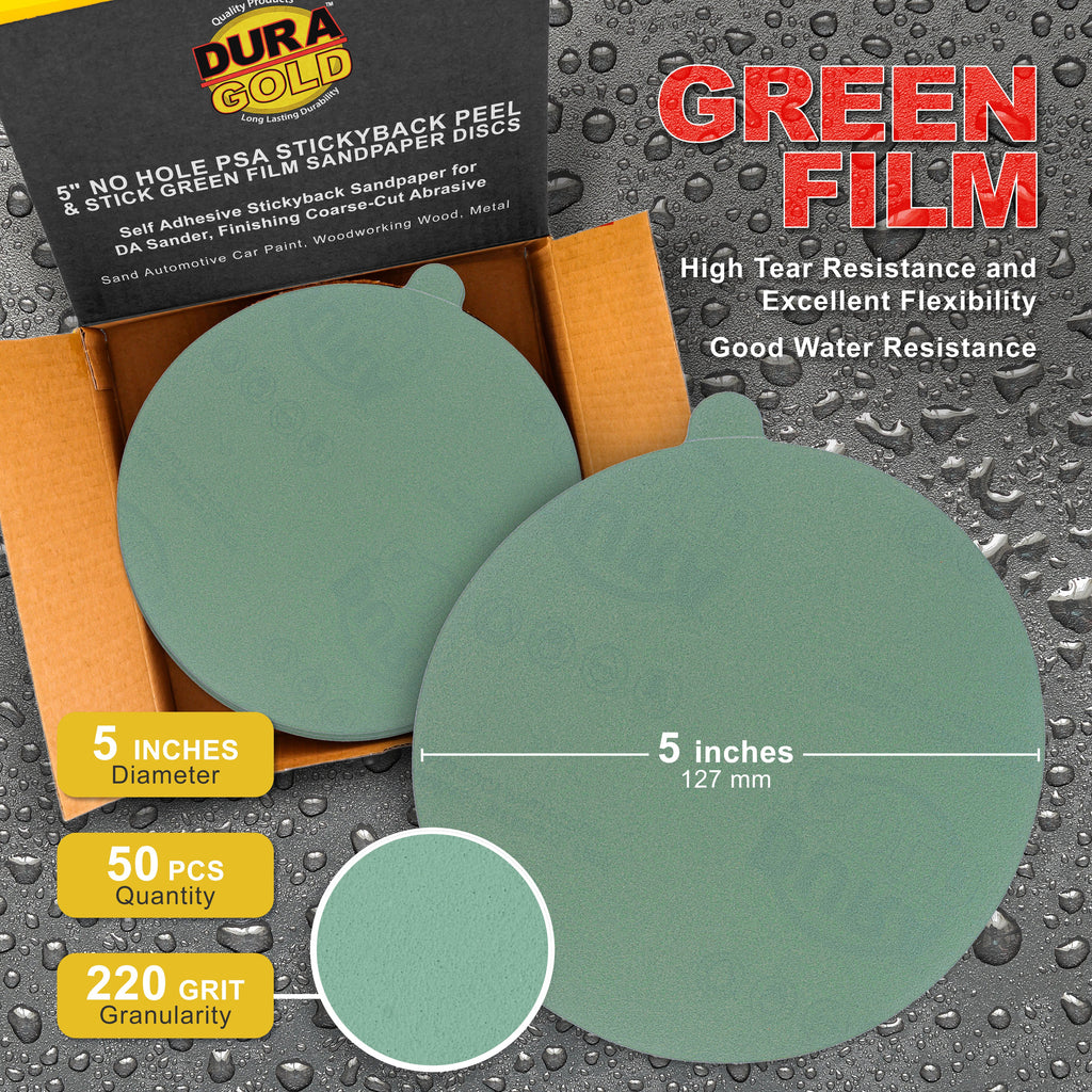 220 Grit - 5" Green Film - PSA Self Adhesive Stickyback Sanding Discs for DA Sanders - Box of 50