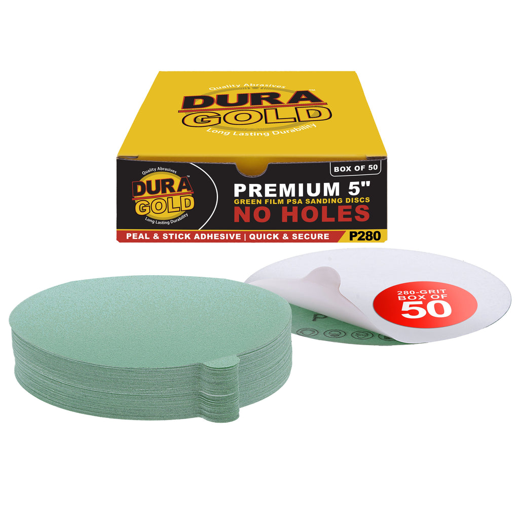 280 Grit - 5" Green Film - PSA Self Adhesive Stickyback Sanding Discs for DA Sanders - Box of 50