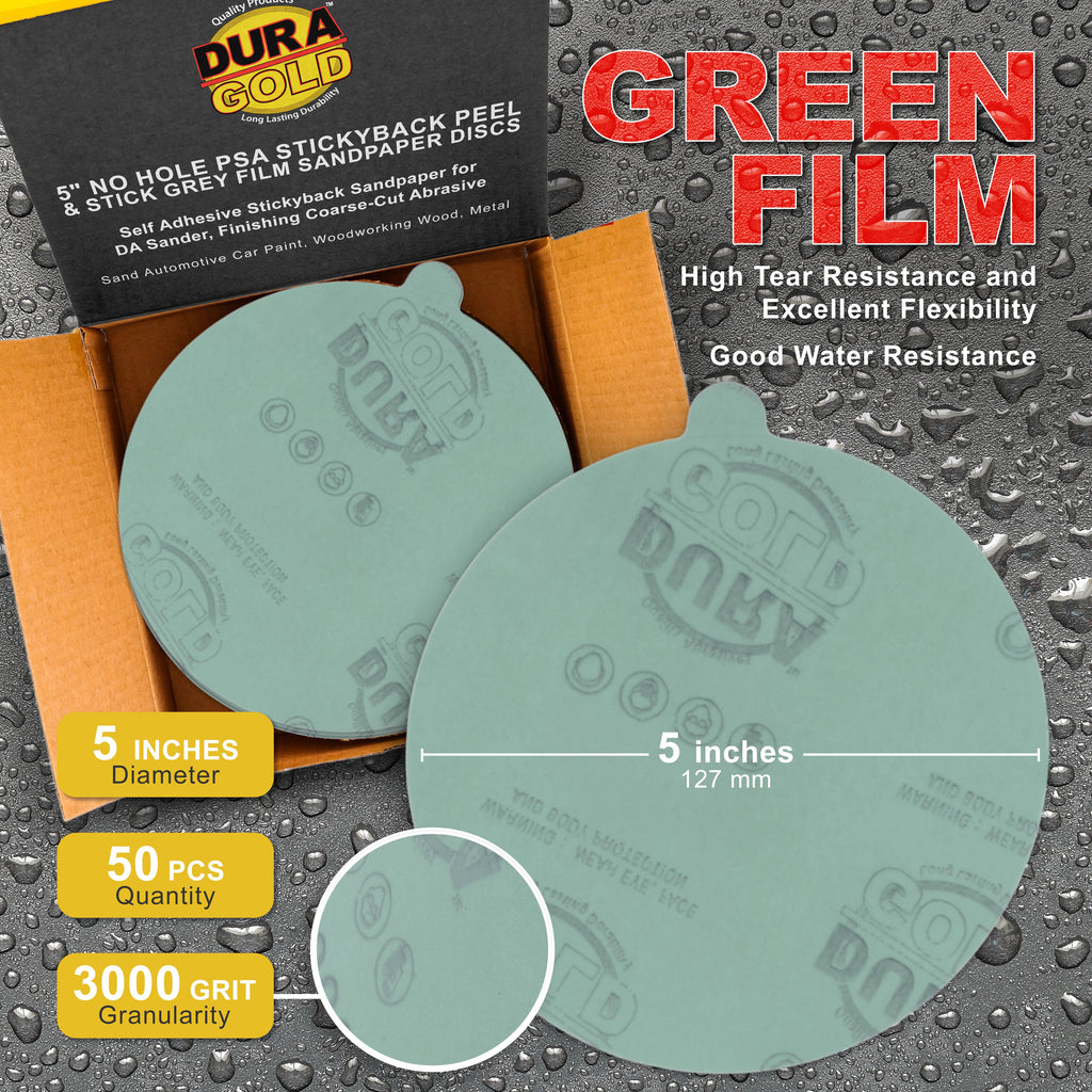 3000 Grit - 5" Green Film - PSA Self Adhesive Stickyback Sanding Discs for DA Sanders - Box of 50