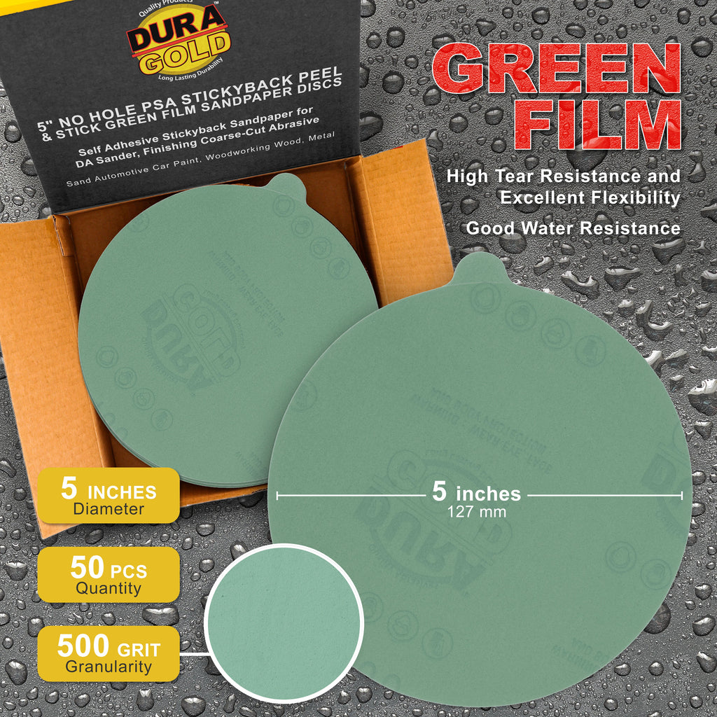 500 Grit - 5" Green Film - PSA Self Adhesive Stickyback Sanding Discs for DA Sanders - Box of 50