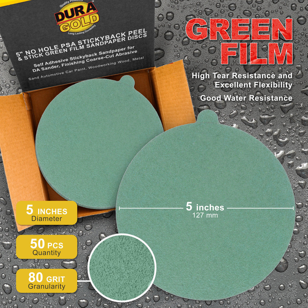80 Grit - 5" Green Film - PSA Self Adhesive Stickyback Sanding Discs for DA Sanders - Box of 50