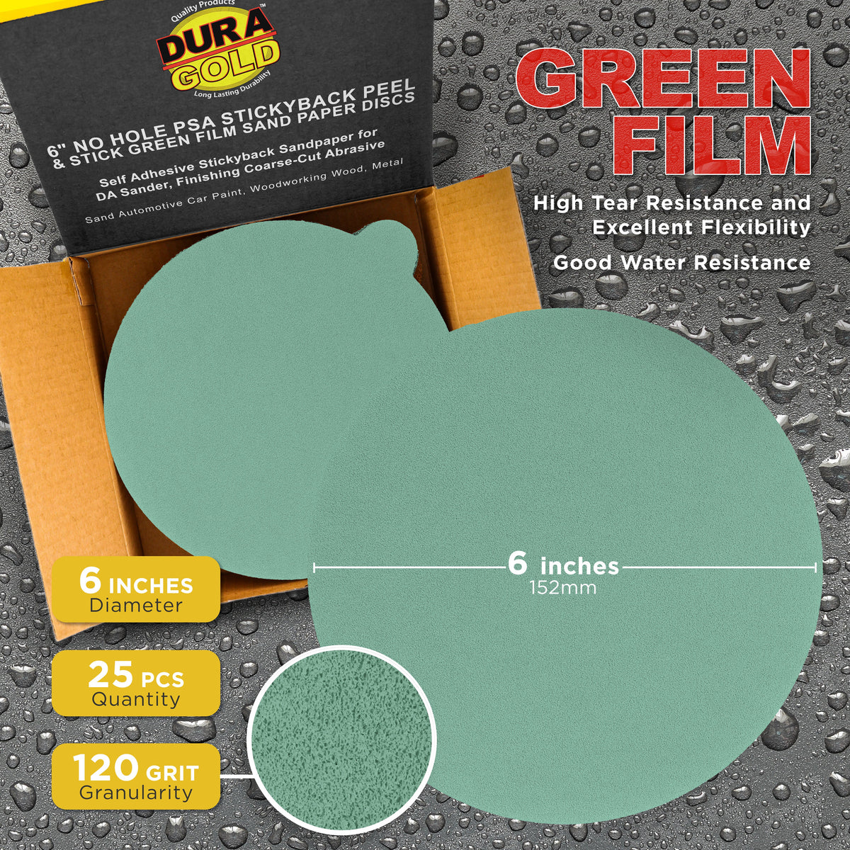 120 Grit - 6" Green Film - PSA Self Adhesive Stickyback Sanding Discs for DA Sanders - Box of 25
