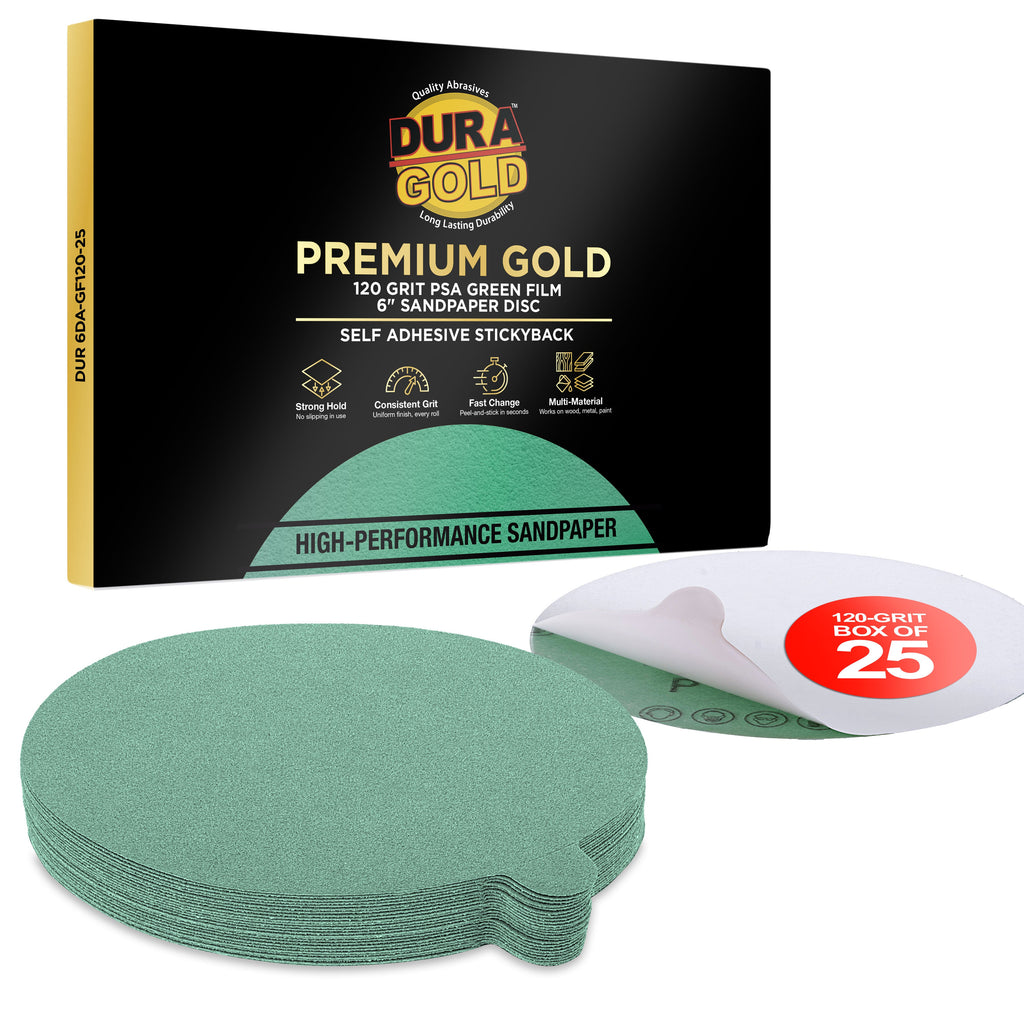 120 Grit - 6" Green Film - PSA Self Adhesive Stickyback Sanding Discs for DA Sanders - Box of 25