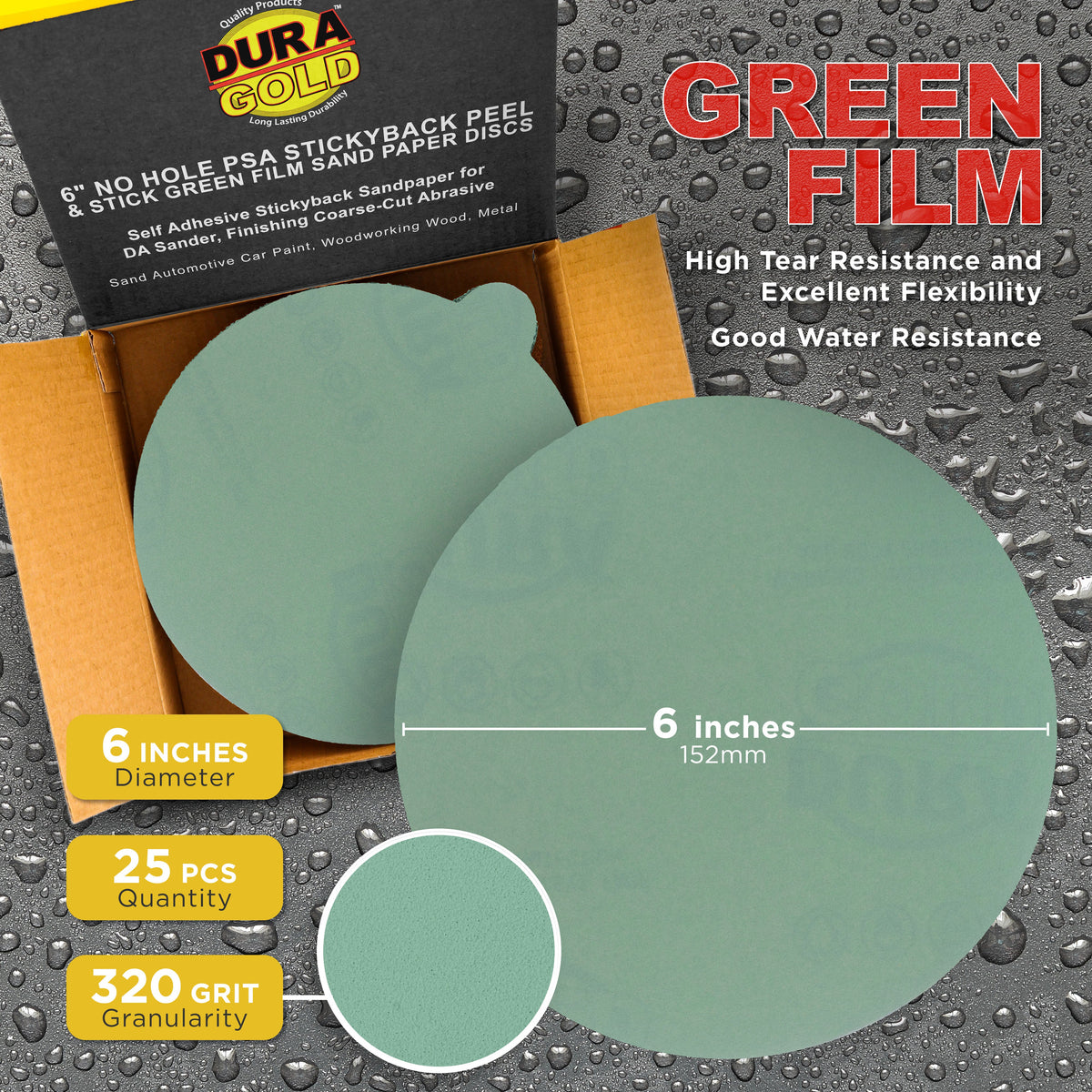 320 Grit - 6" Green Film - PSA Self Adhesive Stickyback Sanding Discs for DA Sanders - Box of 25