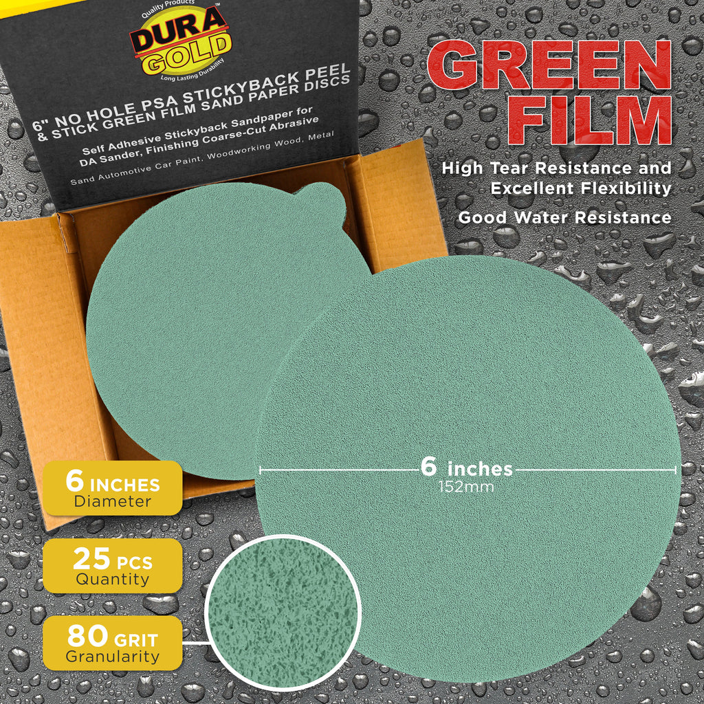 80 Grit - 6" Green Film - PSA Self Adhesive Stickyback Sanding Discs for DA Sanders - Box of 25