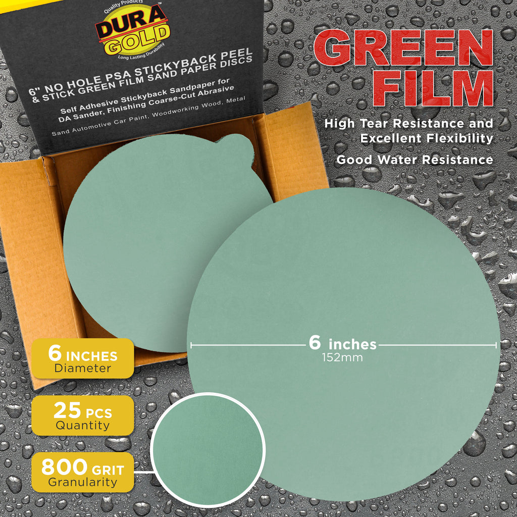 800 Grit - 6" Green Film - PSA Self Adhesive Stickyback Sanding Discs for DA Sanders - Box of 25
