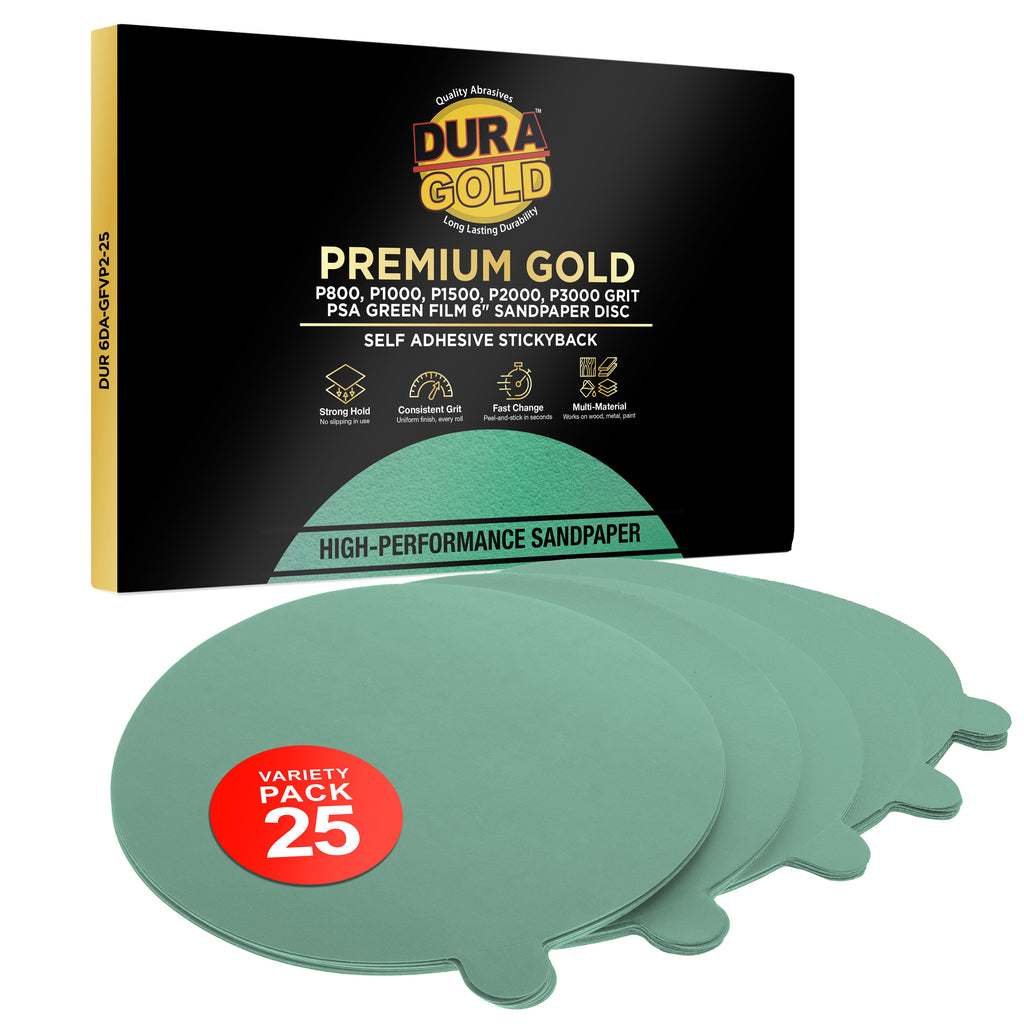 Variety Grit Pack Ultra Fine - 6" Green Film - PSA Self Adhesive Stickyback Sanding Discs 5 of each grit (800, 1000, 1500, 3000) - Box of 25