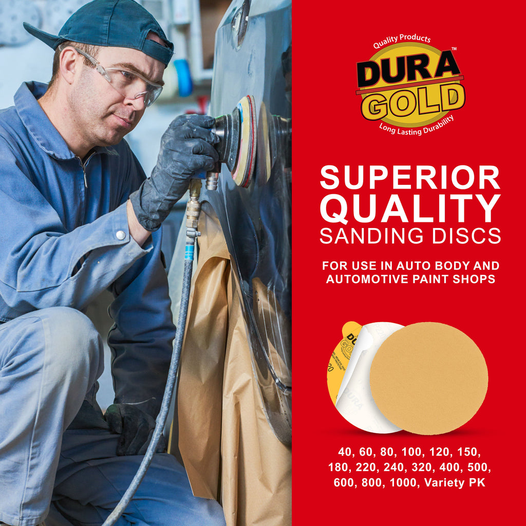 Variety Grit Pack - 6" Gold PSA Self Adhesive Stickyback Sanding Discs for DA Sanders -10 of each Grit (80, 150, 220, 320, 400) Box of 50