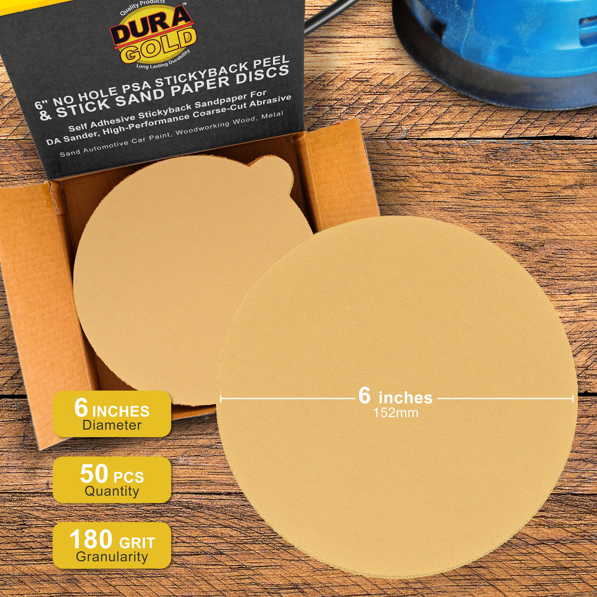 180 Grit - 6" Gold PSA Self Adhesive Stickyback Sanding Discs for DA Sanders - Box of 50