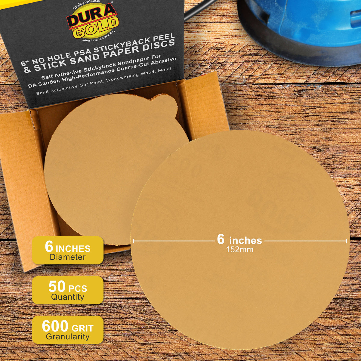 600 Grit - 6" Gold PSA Self Adhesive Stickyback Sanding Discs for DA Sanders - Box of 50
