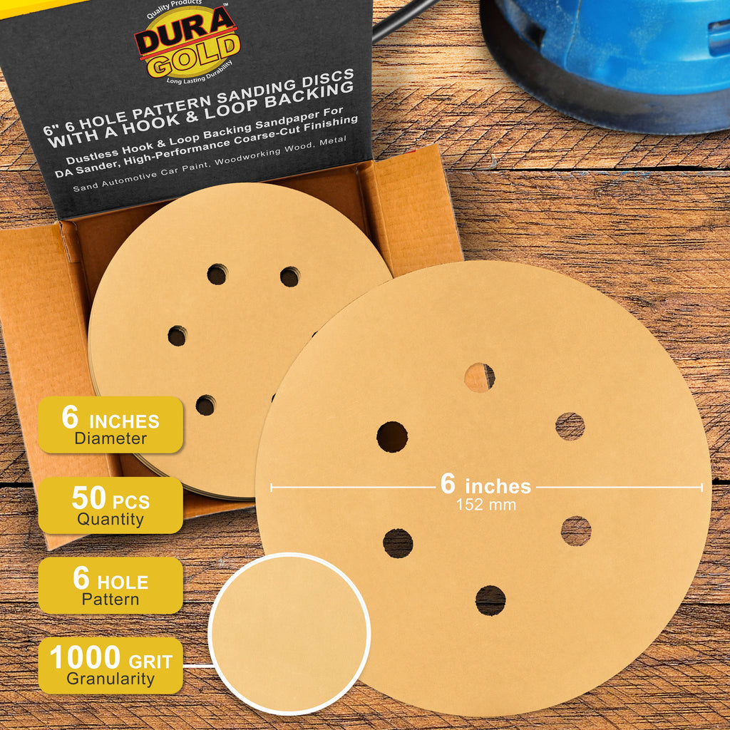 1000 Grit - 6" Gold Hook & Loop 6-Hole Pattern Sanding Discs for DA Sanders - Box of 50