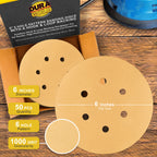 1000 Grit - 6" Gold Hook & Loop 6-Hole Pattern Sanding Discs for DA Sanders - Box of 50