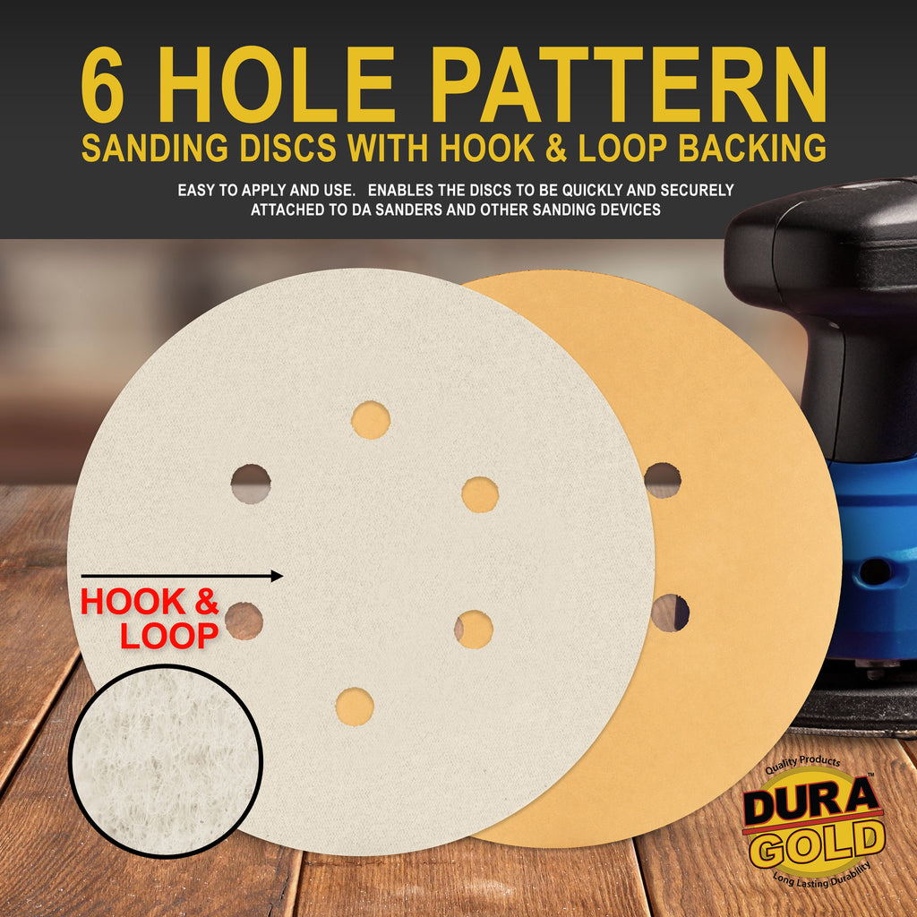 1000 Grit - 6" Gold Hook & Loop 6-Hole Pattern Sanding Discs for DA Sanders - Box of 50