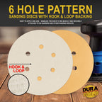 1000 Grit - 6" Gold Hook & Loop 6-Hole Pattern Sanding Discs for DA Sanders - Box of 50