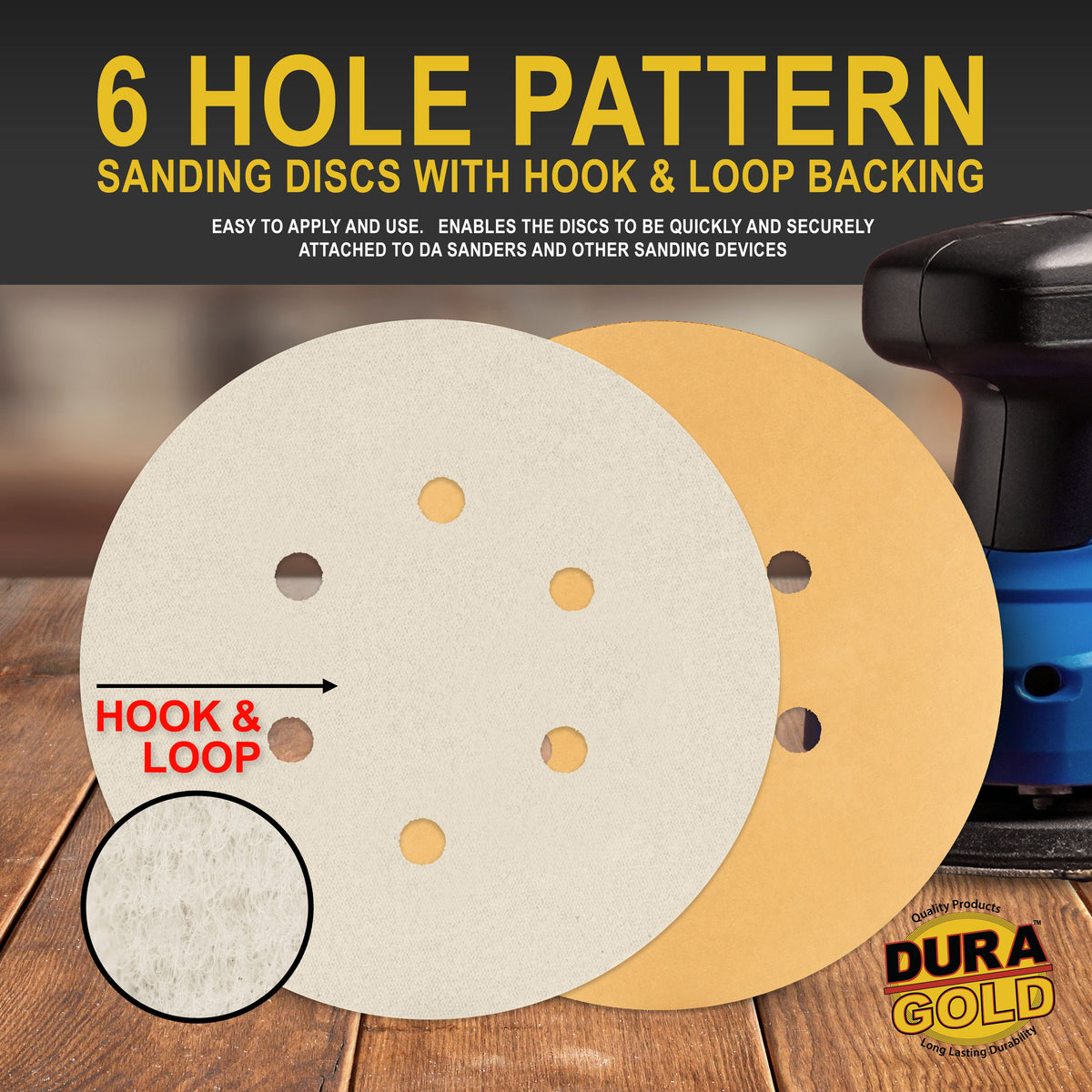 1000 Grit - 6" Gold Hook & Loop 6-Hole Pattern Sanding Discs for DA Sanders - Box of 50