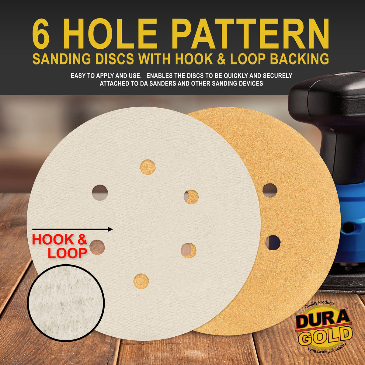 120 Grit - 6" Gold Hook & Loop 6-Hole Pattern Sanding Discs for DA Sanders - Box of 50