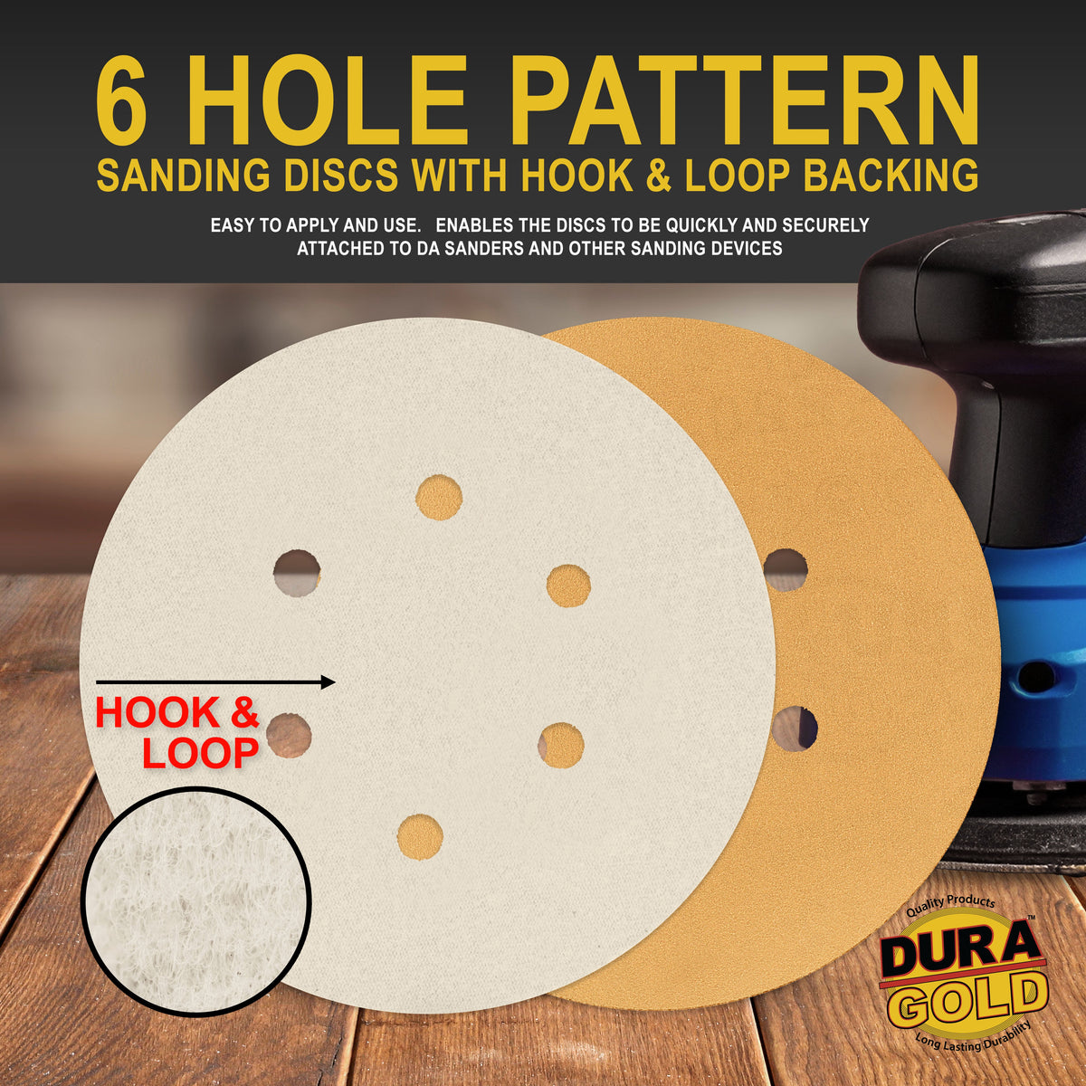 220 Grit - 6" Gold Hook & Loop 6-Hole Pattern Sanding Discs for DA Sanders - Box of 50