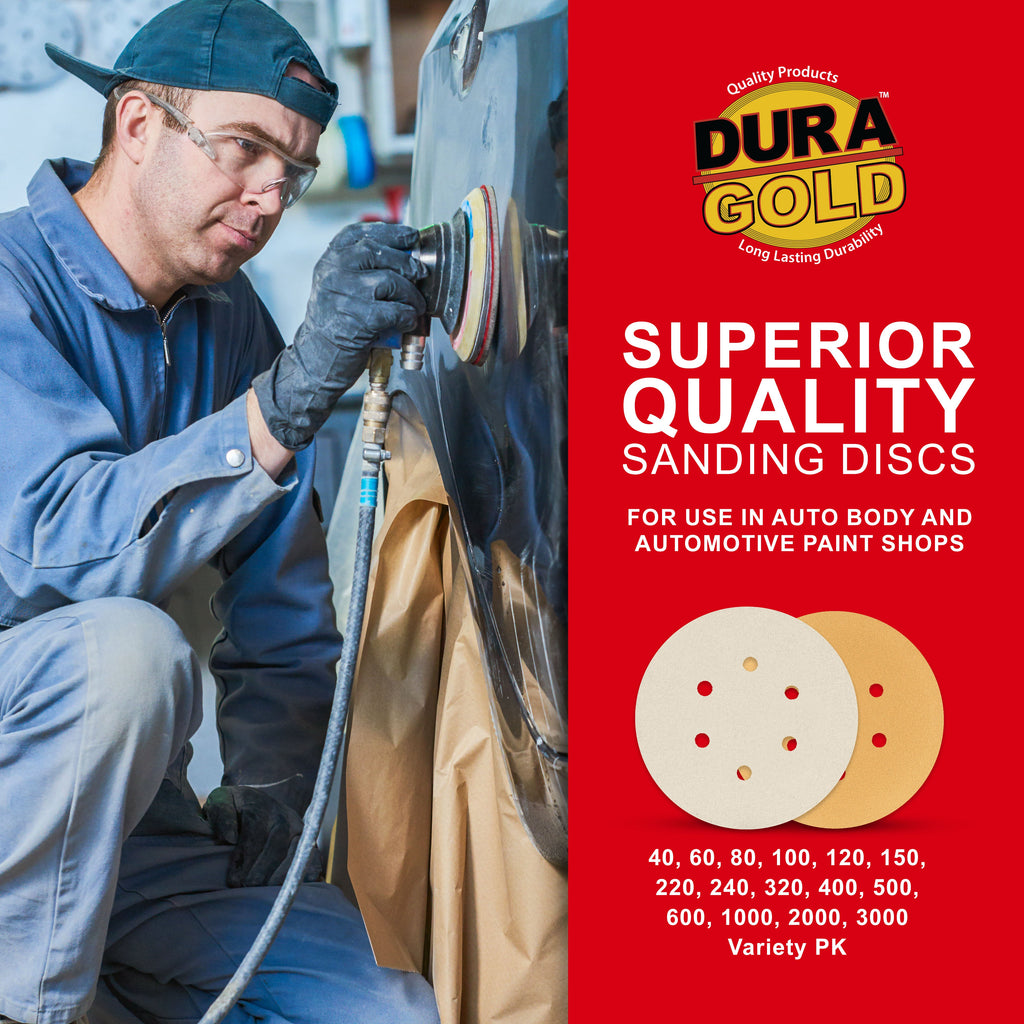 220 Grit - 6" Gold Hook & Loop 6-Hole Pattern Sanding Discs for DA Sanders - Box of 50