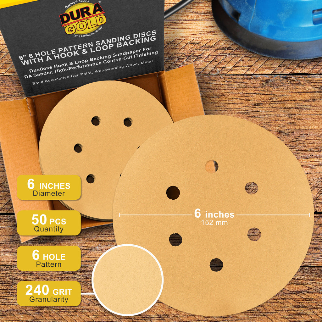 240 Grit 6" Gold Hook & Loop 6-Hole Sanding Discs for DA Sanders - Box of 50