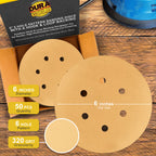 320 Grit - 6" Gold Hook & Loop 6-Hole Pattern Sanding Discs for DA Sanders - Box of 50