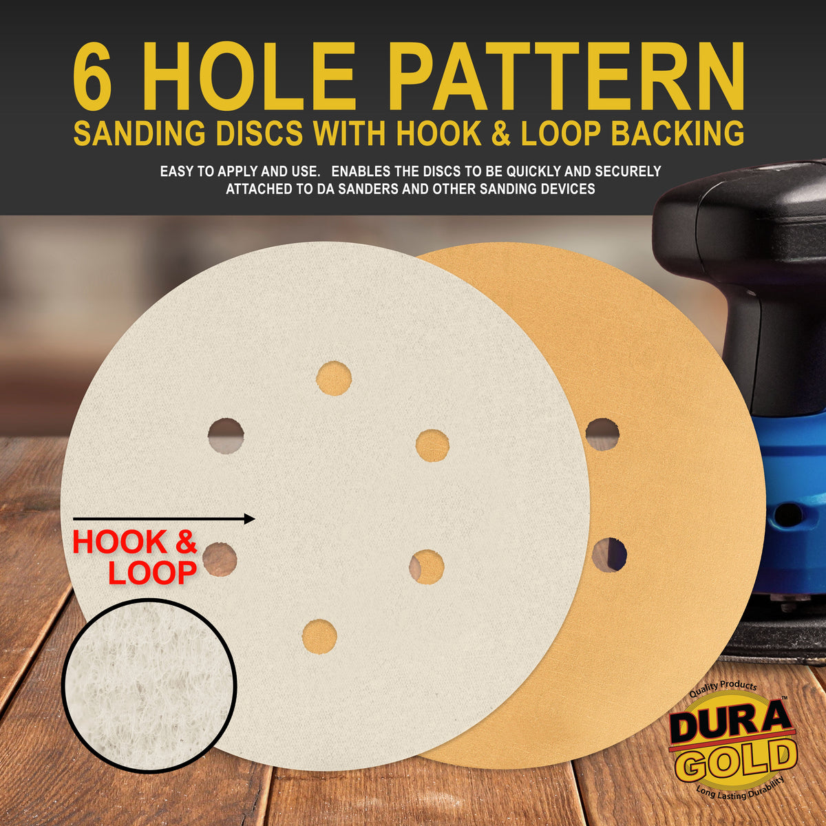 320 Grit - 6" Gold Hook & Loop 6-Hole Pattern Sanding Discs for DA Sanders - Box of 50