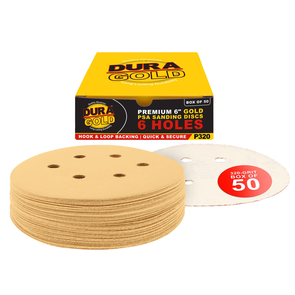 320 Grit - 6" Gold Hook & Loop 6-Hole Pattern Sanding Discs for DA Sanders - Box of 50