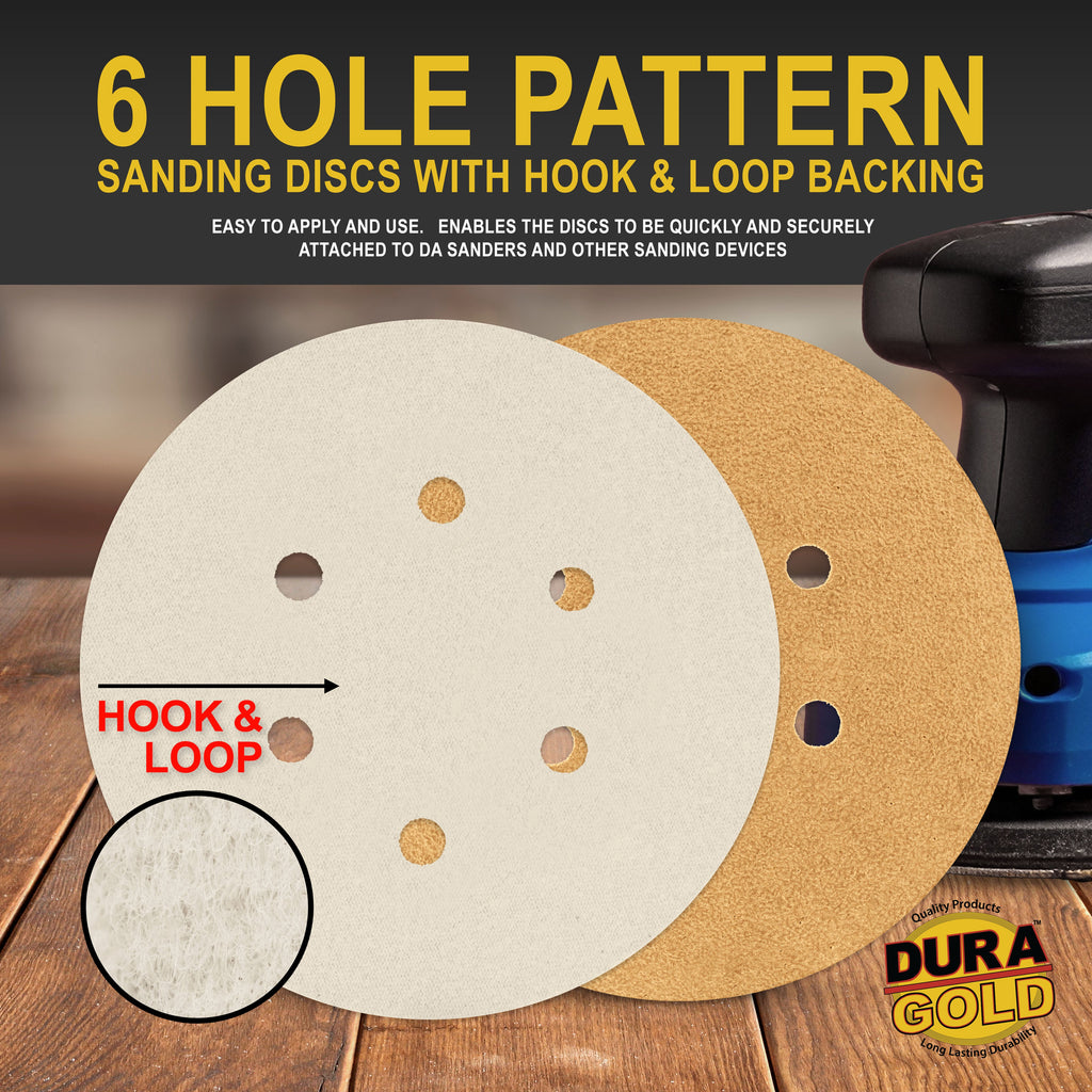 40 Grit - 6" Gold Hook & Loop 6-Hole Pattern Sanding Discs for DA Sanders - Box of 25