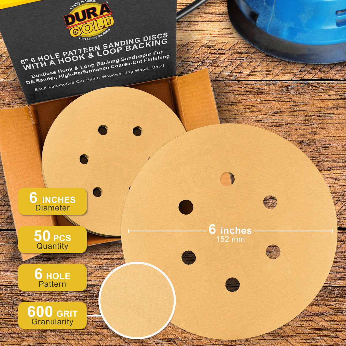 600 Grit - 6" Gold Hook & Loop 6-Hole Pattern Sanding Discs for DA Sanders - Box of 50