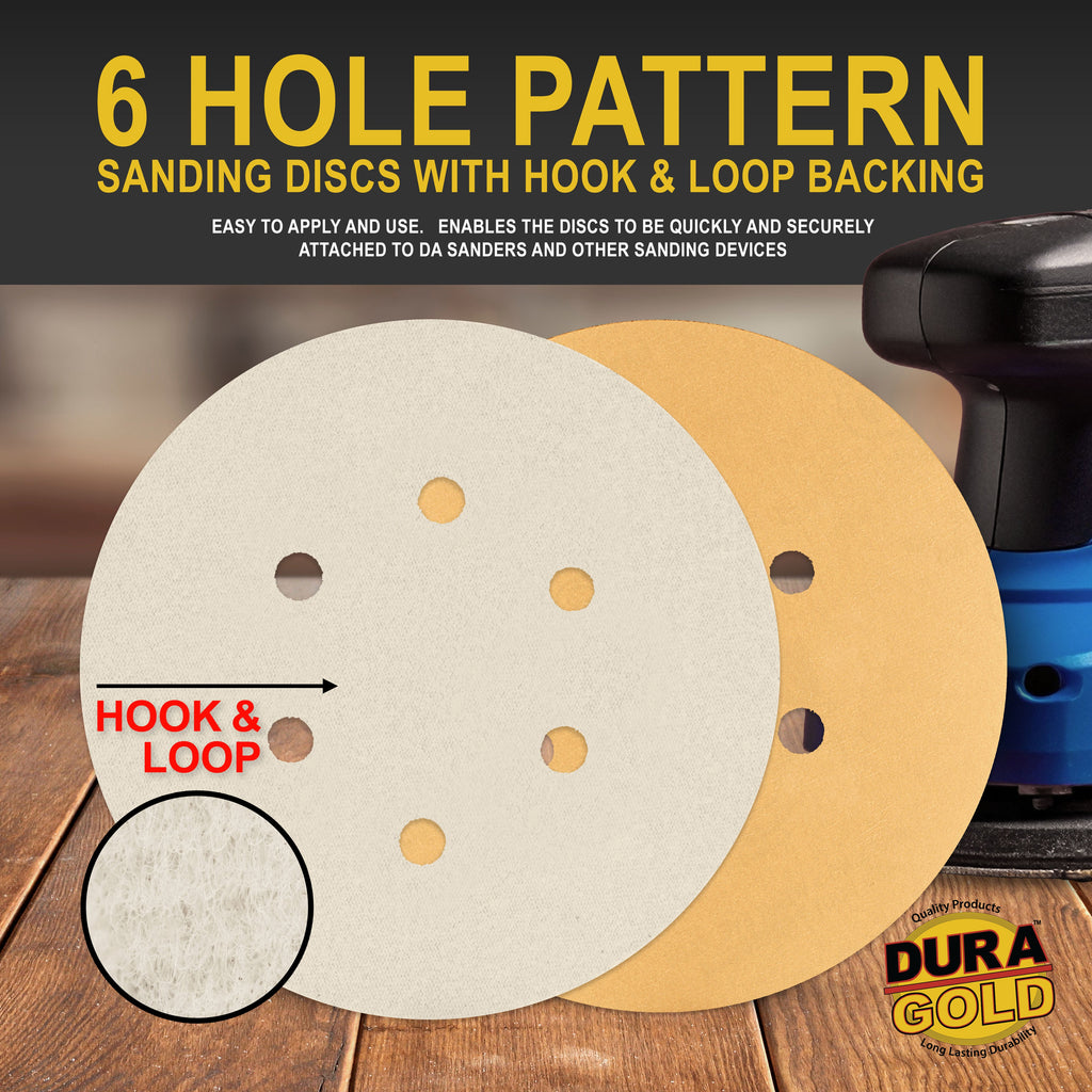 600 Grit - 6" Gold Hook & Loop 6-Hole Pattern Sanding Discs for DA Sanders - Box of 50