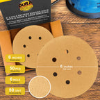 80 Grit - 6" Gold Hook & Loop 6-Hole Pattern Sanding Discs for DA Sanders - Box of 50